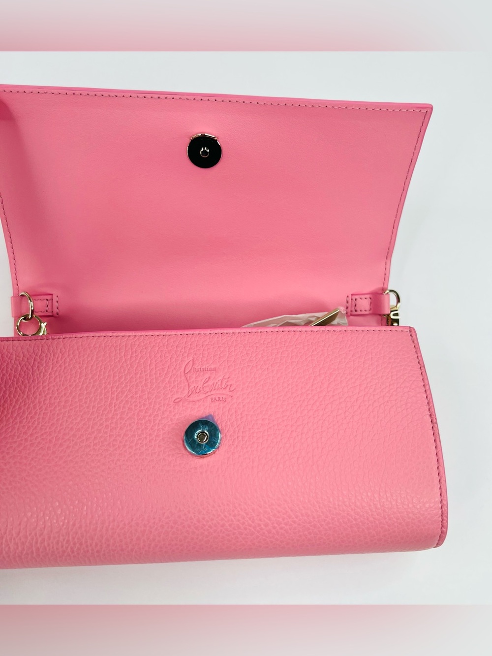 CHRISTIAN LOUBOUTIN By My Side Calipso Pink Calf Leather Logo Wallet Gold Chain - Picture 12 of 16
